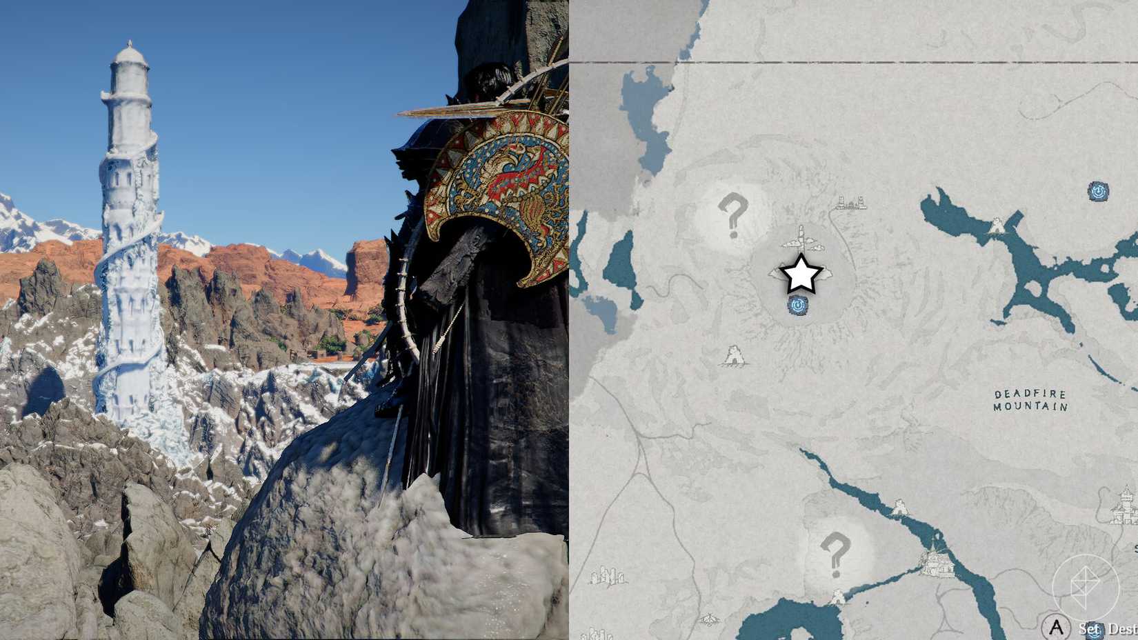 A man on a mountain top looking over a frozen tower in the distance along with its location marked on a map.