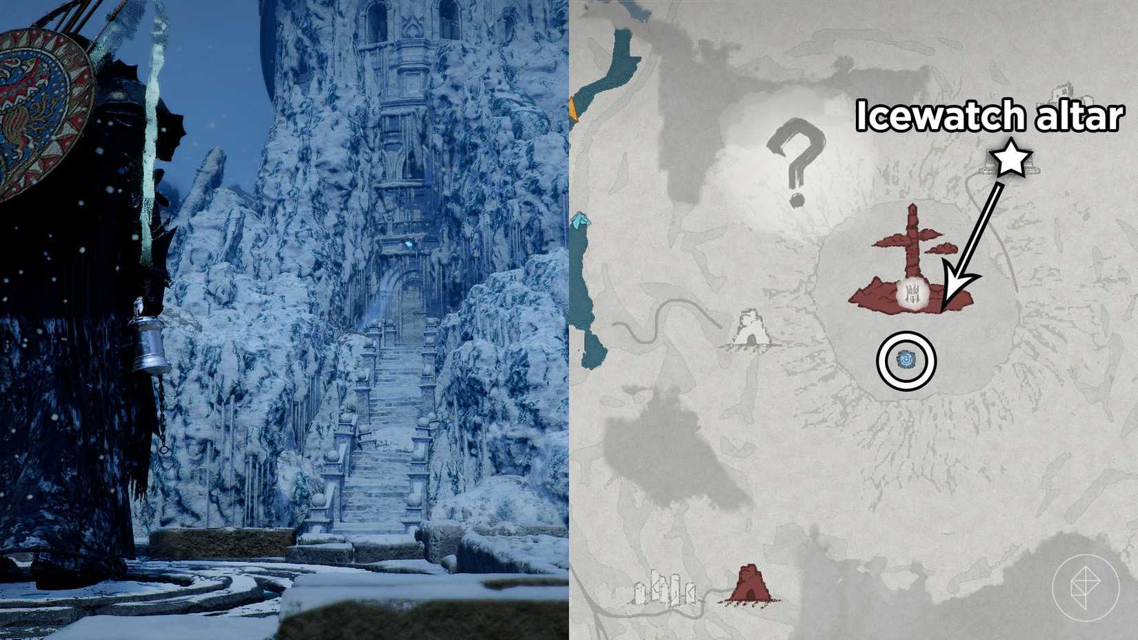 A montage of two Crimson Desert images showing the best way to reach the abyss nexus in the Spire of Frost
