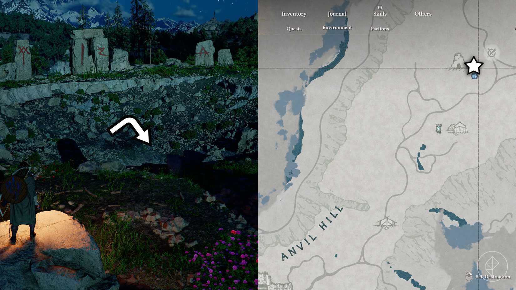 A montage of two Crimson Desert images showing the location of the entrance to the Anvil Hill Stoneback Crab cave