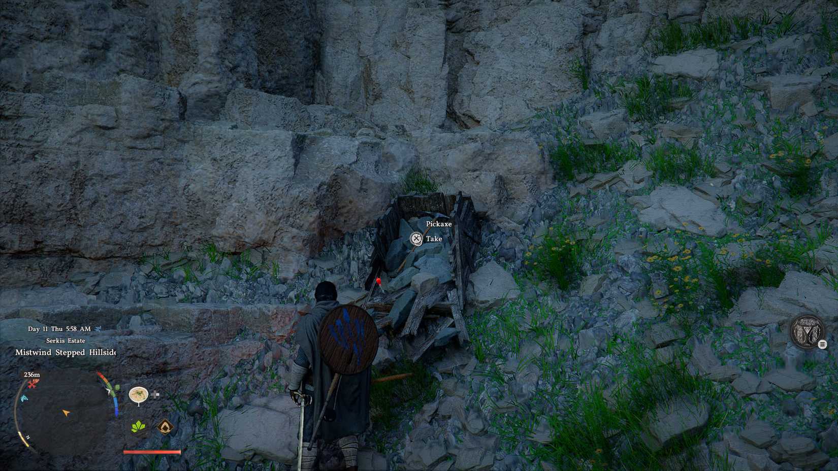 A Crimson Desert screenshot showing a character near a cart with a pickaxe inside