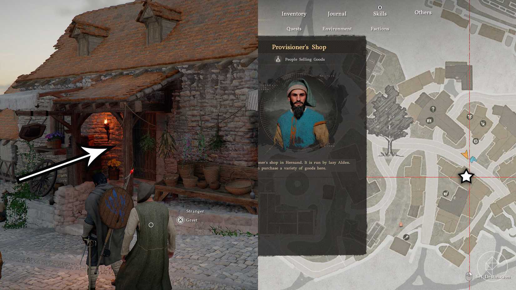 A montage using two Crimson Desert images showing the location of the Provisioner's shop