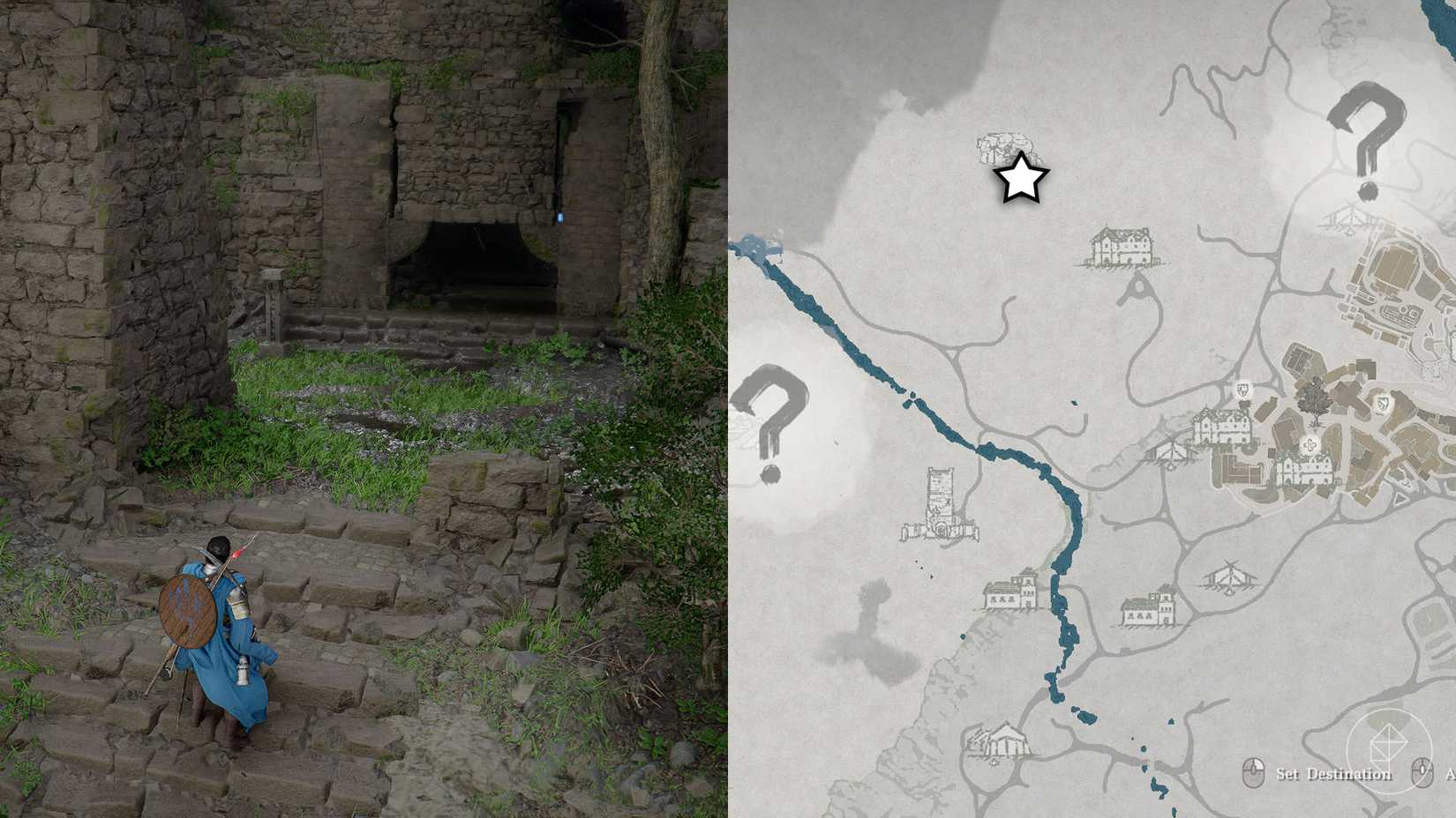 A montage of two Crimson Desert images showing the location of the Ancient Ruins you vist during the "Reunion" quest