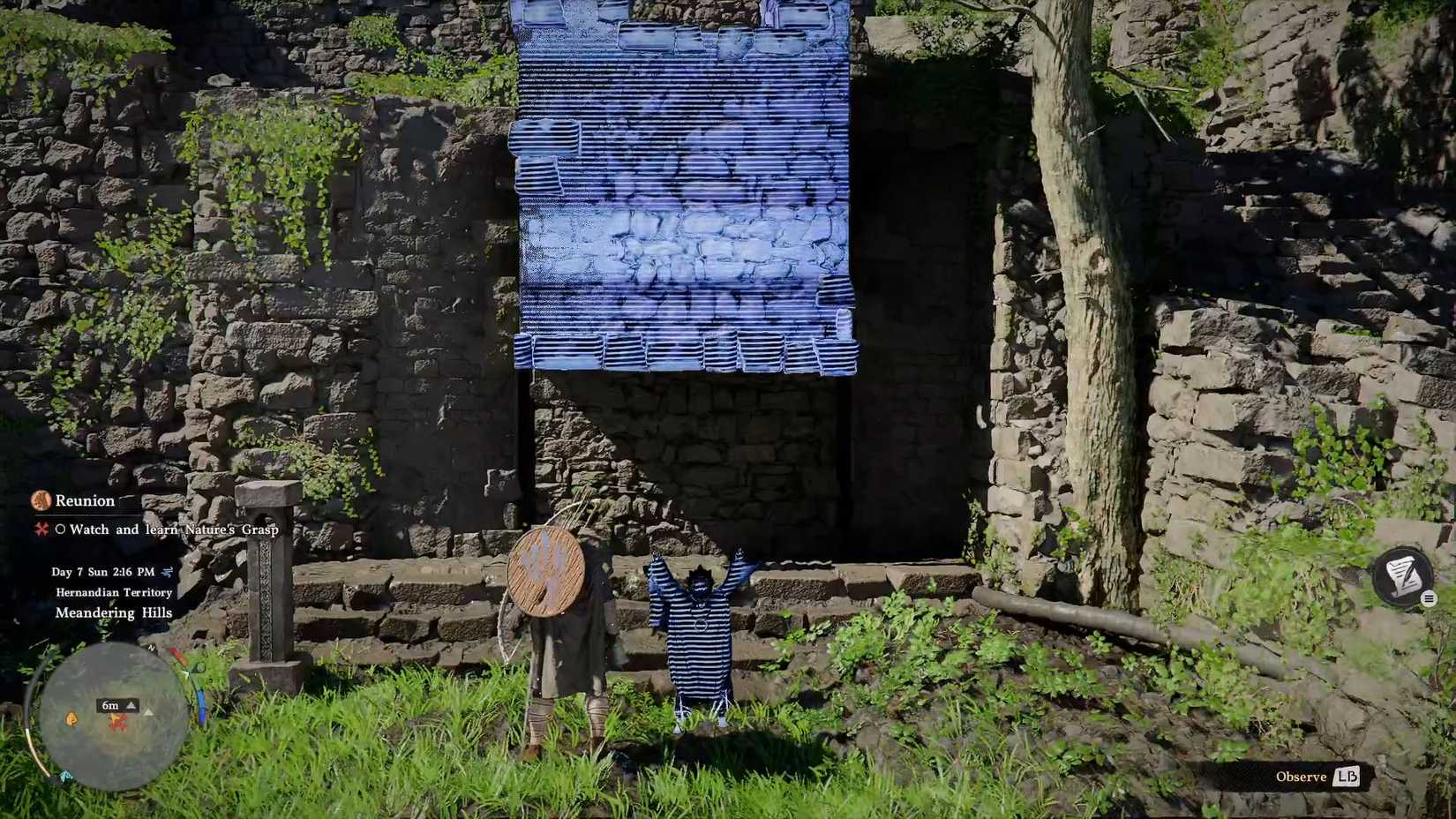 A Crimson Desert screenshot showing Kliff obversing an hologram of a memory showing a kid raising a part of the walll