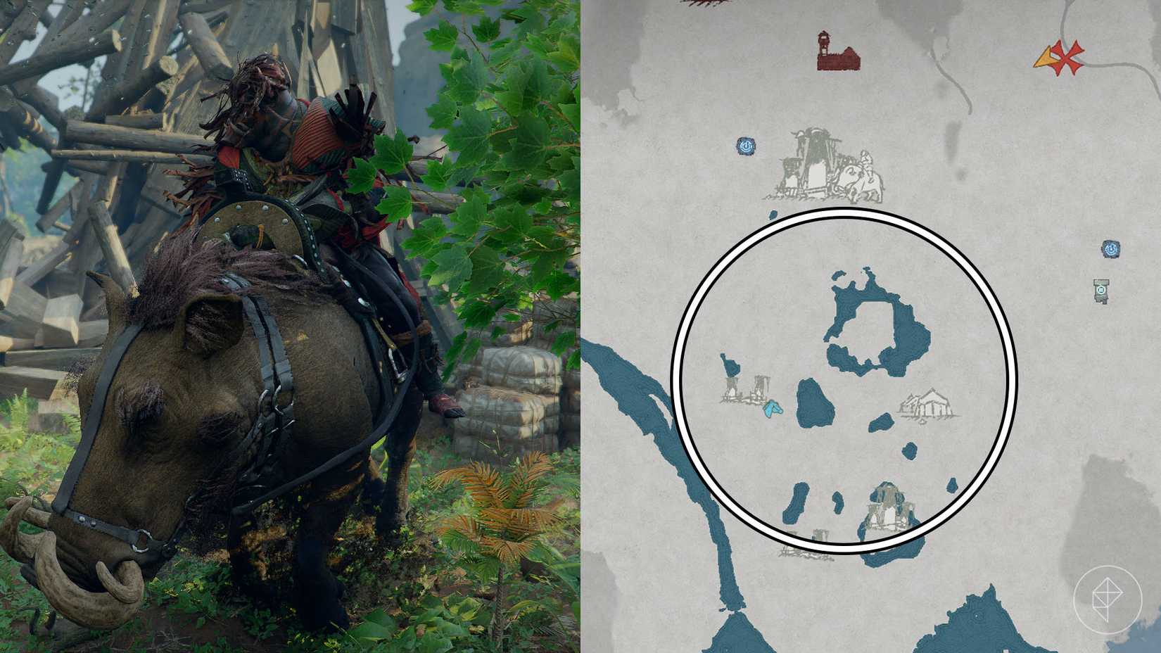 A montage of two Crimson Desert images showing the Ravok of the Savage Fangs boss and his location