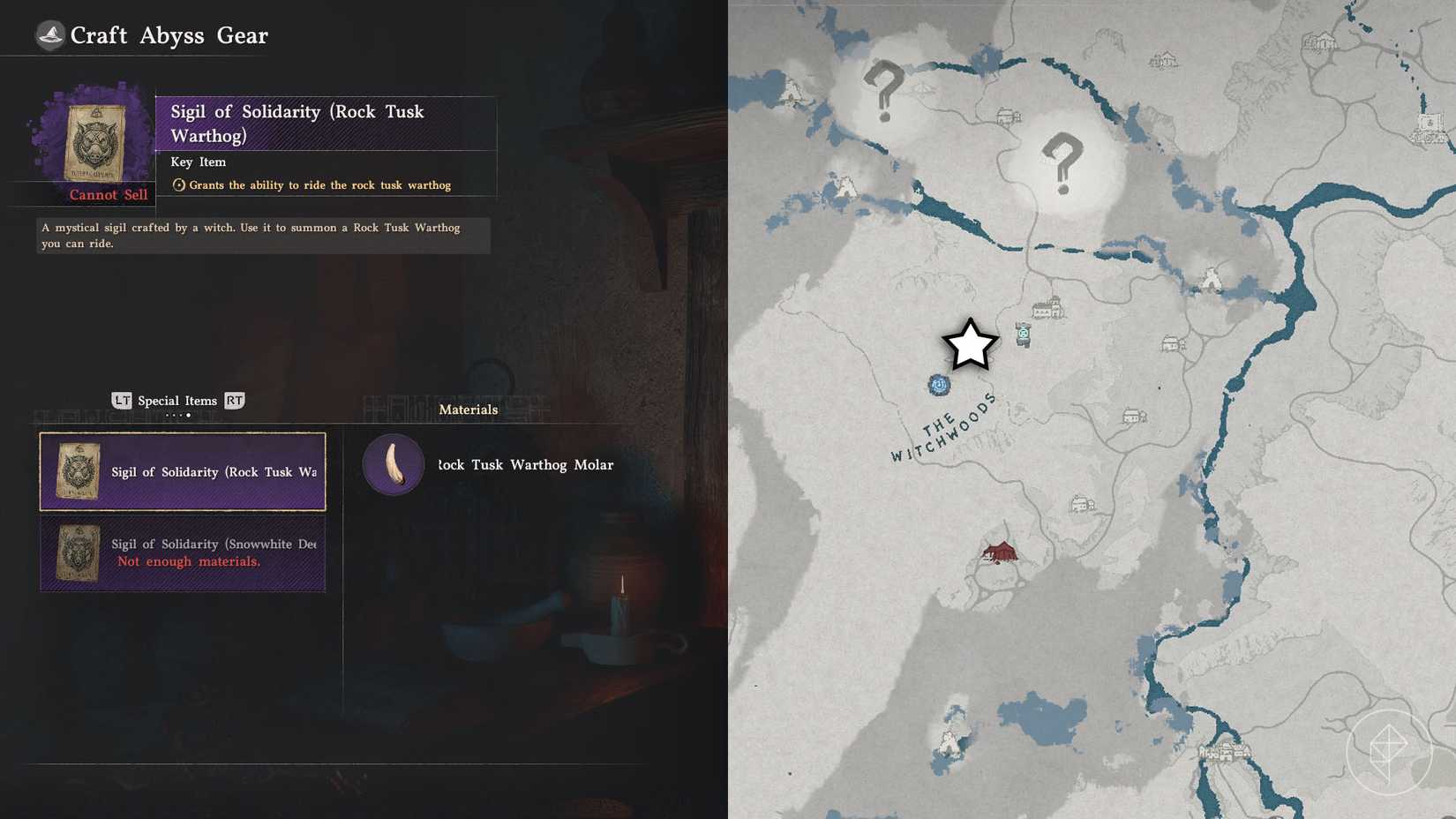 A montage of two Crimson Desert screenshot showing where you can take the Rock Tusk Warhog Molar to craft the legendary mount