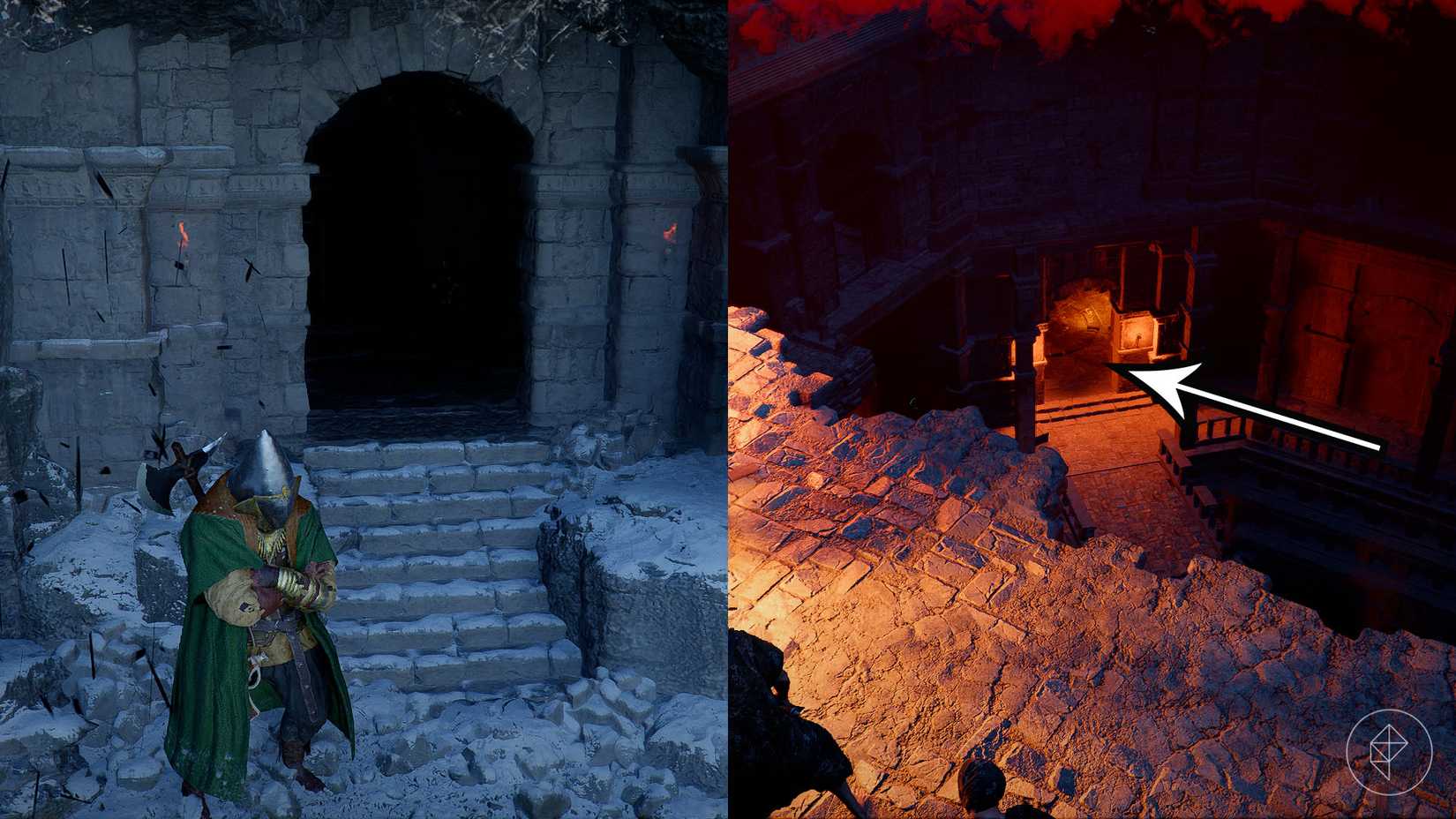 A montage using two Crimson Desert images showing the entrance of the place and the floor where you find the Soul Spear