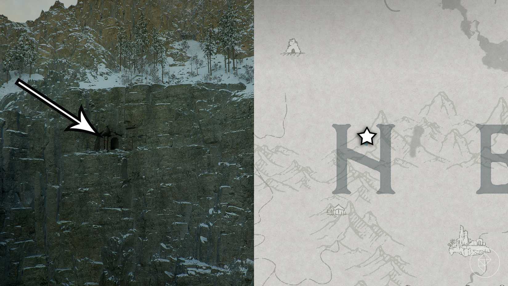 A montage of two Crimson Desert screenshots showing the location of the  Antumbra Ritual Grounds entrance