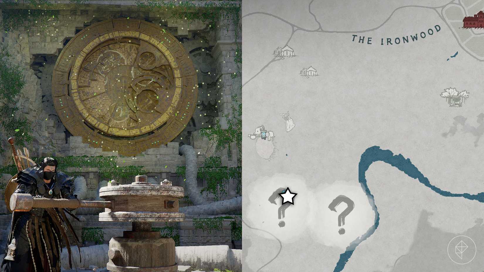 A montage of two Crimson Desert images showing the location of the Trembling Woods puzzle