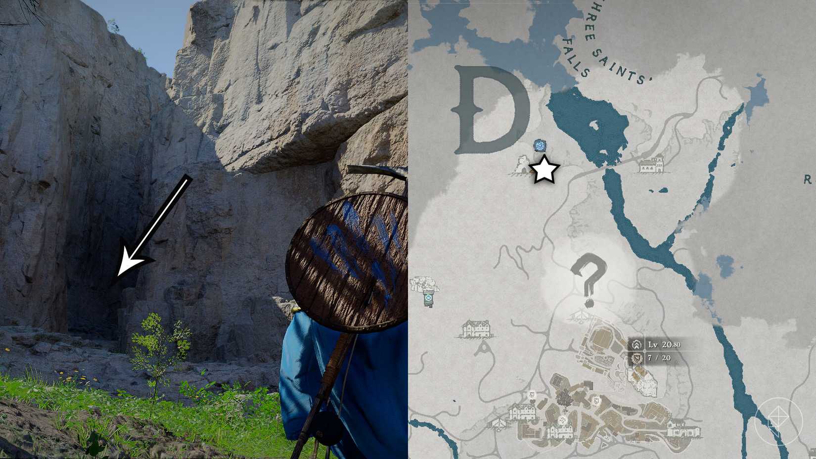 A montage of two Crimson Desert images showing the location of Hernand Witch's Lair