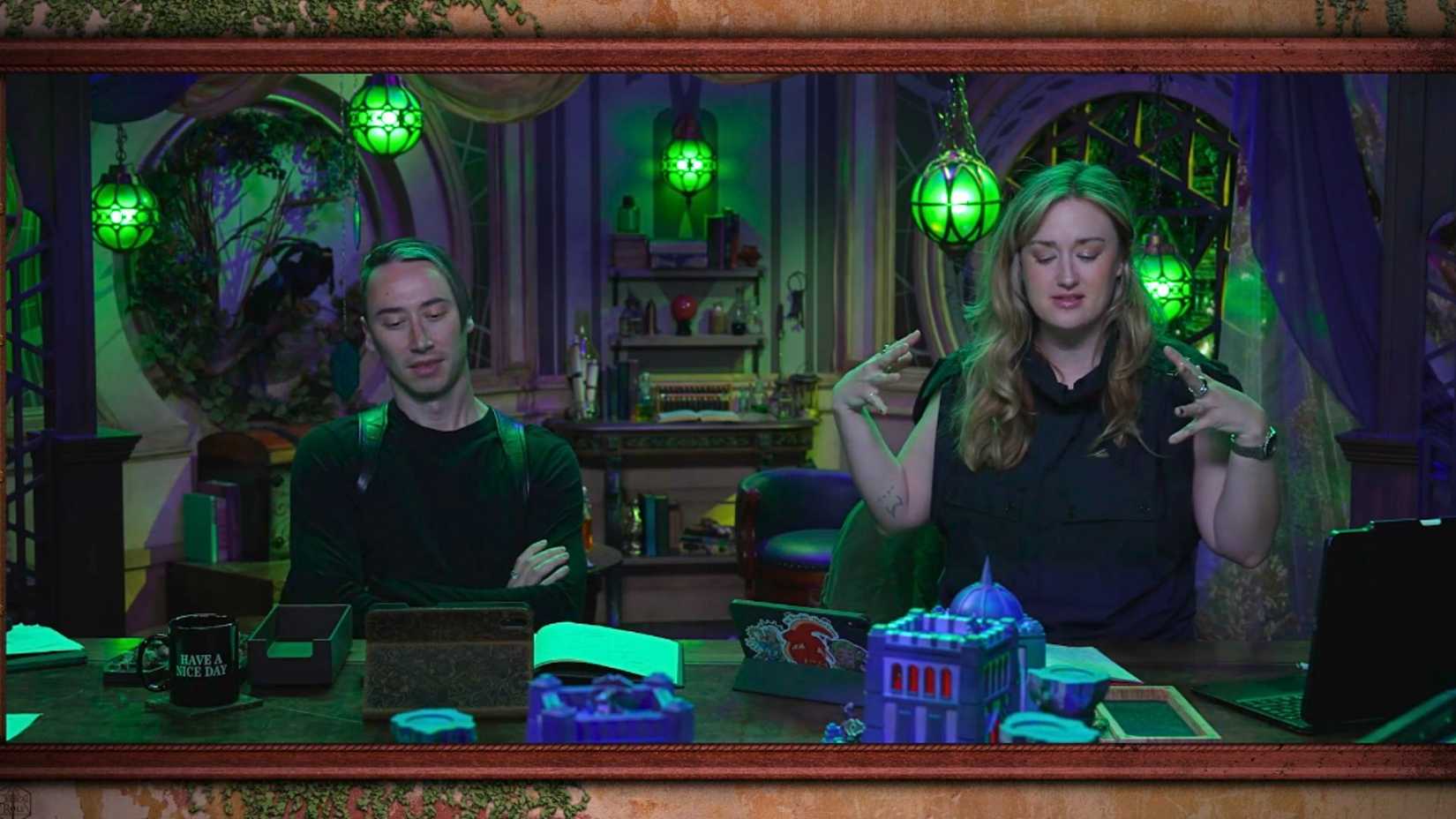 An image from Critical Role episode 18 featuring Alexander Ward and Ashley Johnson.