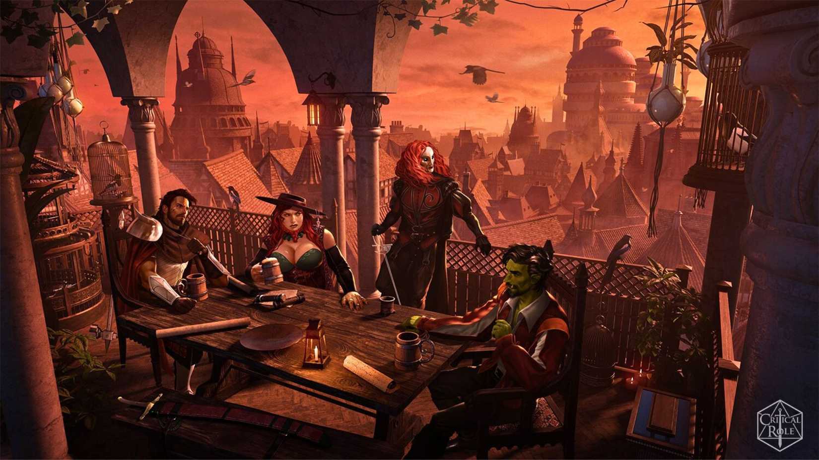 An image of official art from Critical Role. It features the Schemers, such as Azune Nayar, Murray Mag'nesson, Bolaire Lothalia and Hal Fang, sitting at a table. The city of Dol-Makjar is their backdrop.