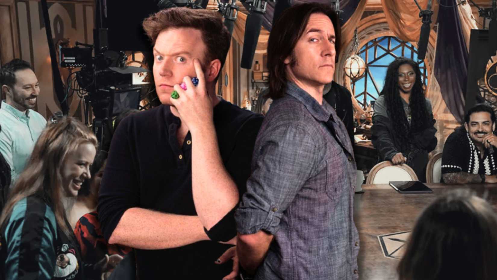 An image featuring Brennan Lee Mulligan and Matthew Mercer standing back to back. Behind them is the Critical Role cast.