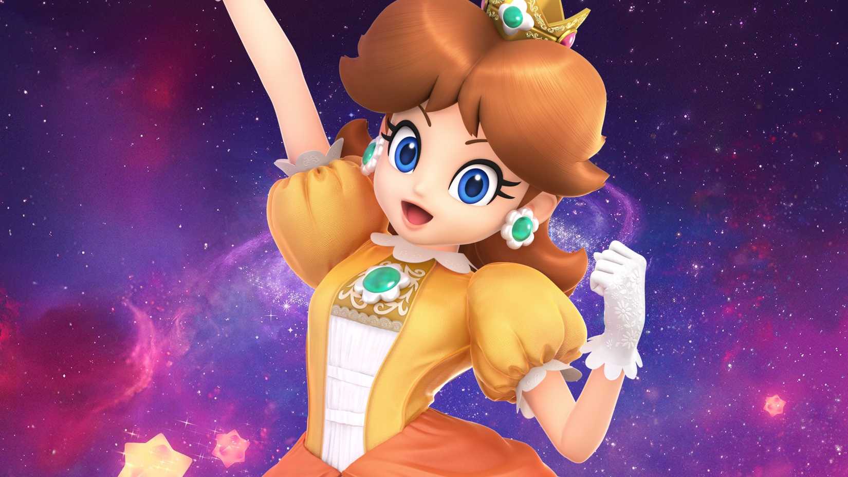 Artwork of Princess Daisy against a Super Mario Galaxy Movie background