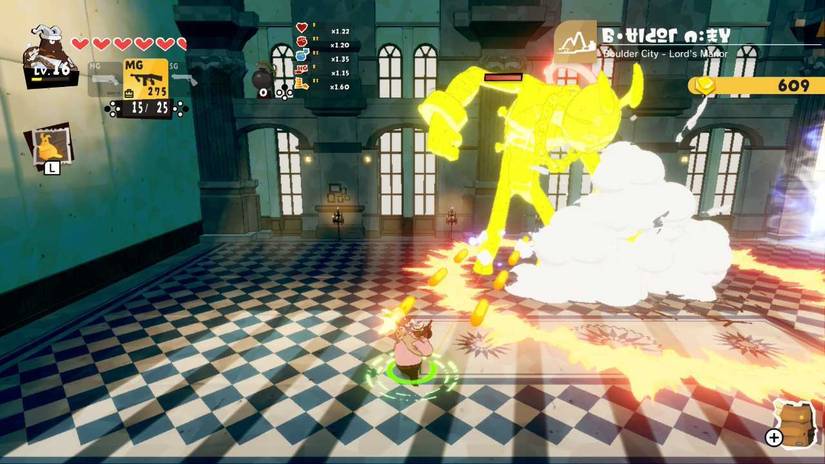 Shooting a towering demonic boss with a machine gun in Damon and Baby