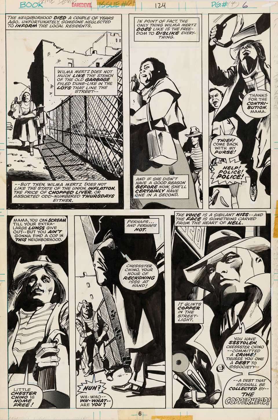 Original comic page from Daredevil #124 depicting a street-level robbery