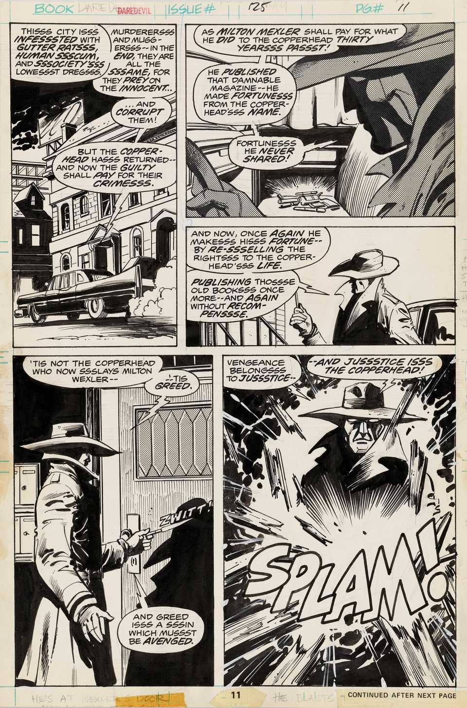 Dynamic monochrome artwork from Daredevil #125 showing a man bursting through a door