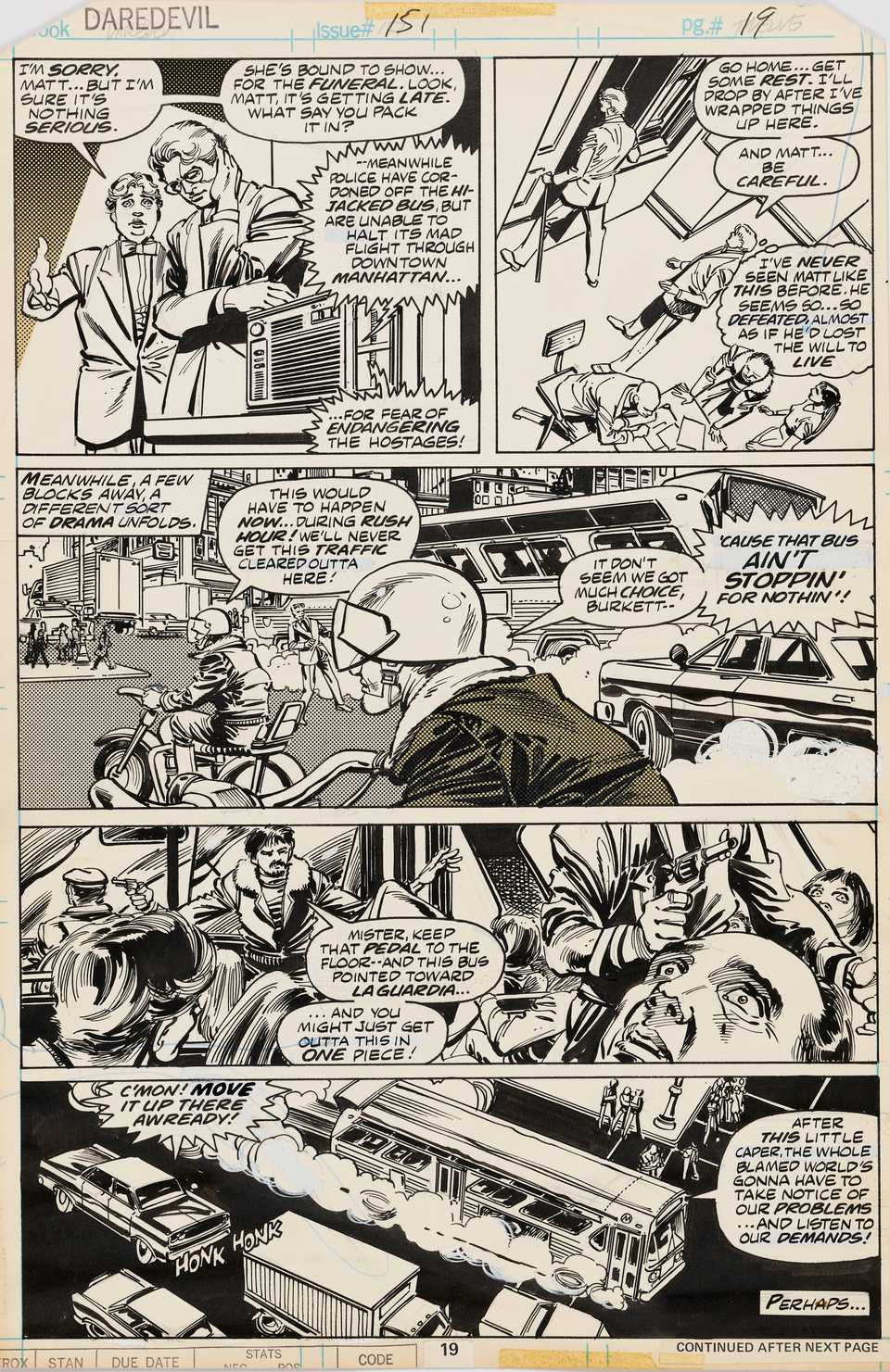 Black and white line art from Daredevil #151 featuring a motorcyclist