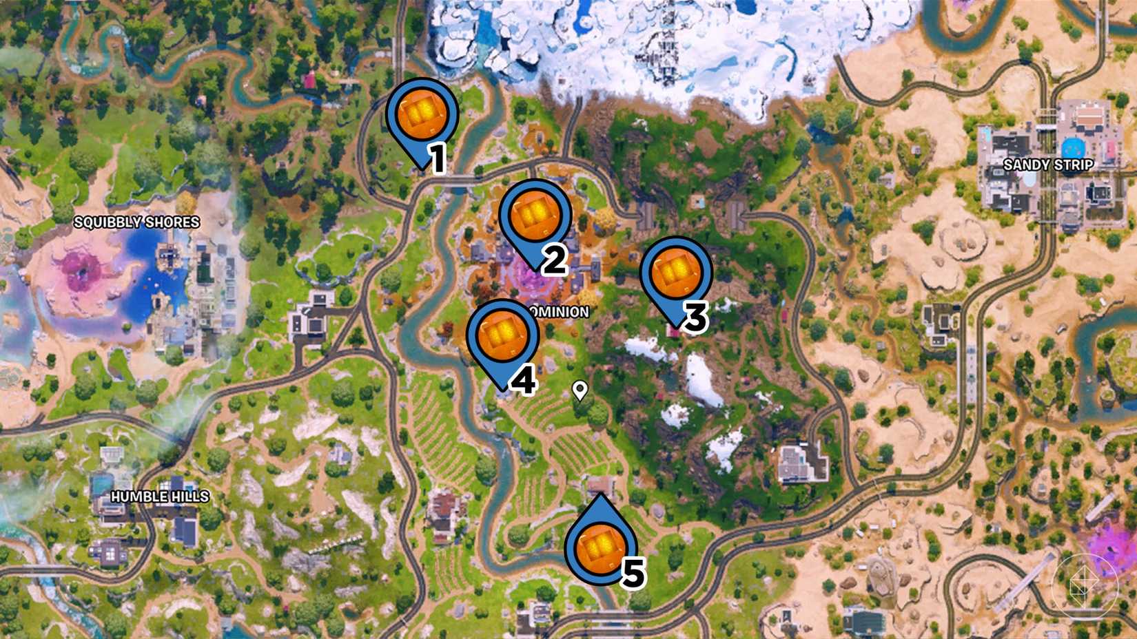 Dark Dominion on the Fortnite map with pins indicating the locations of each chaos cube in the area.