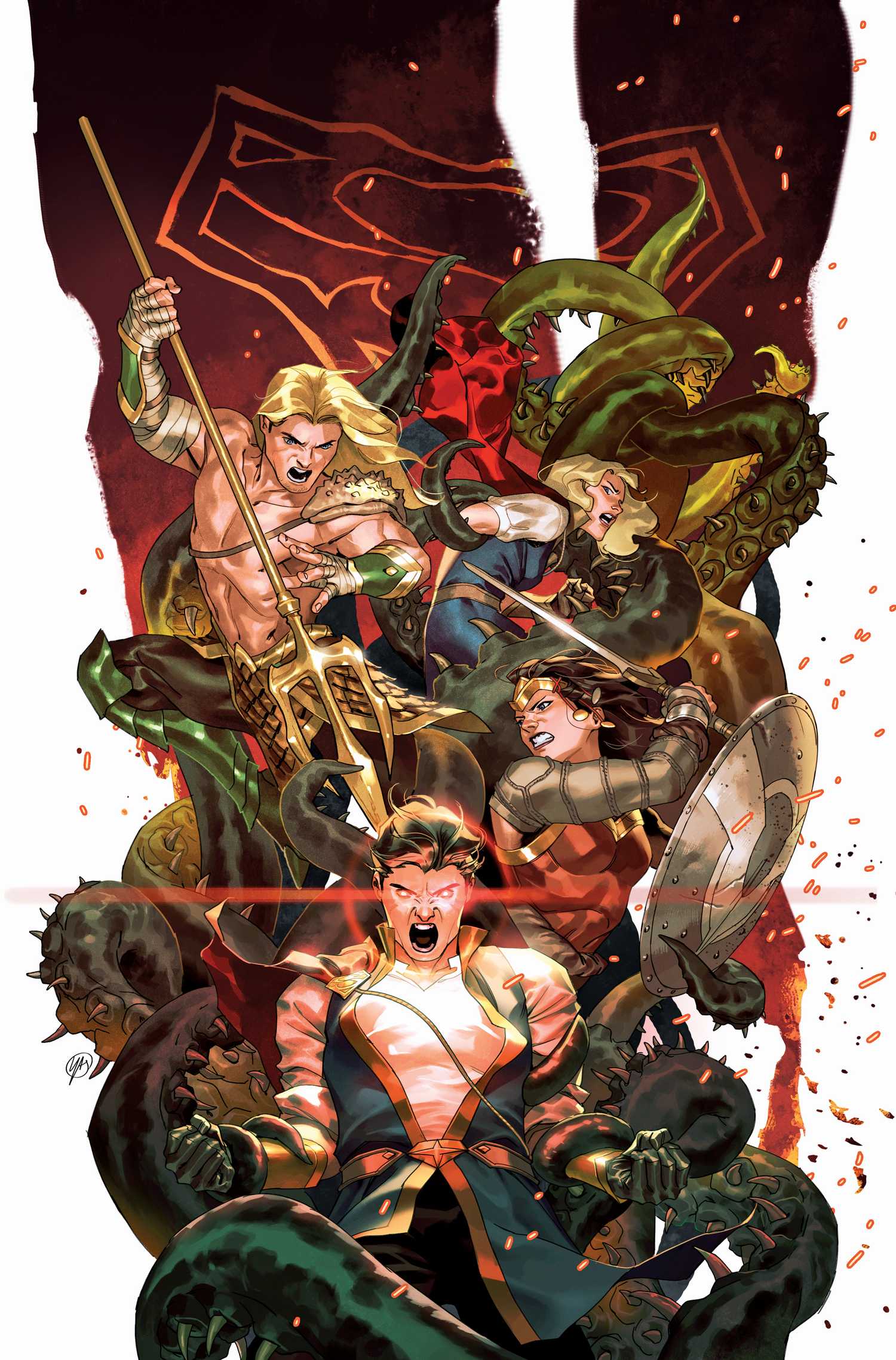 Fantasy versions of Aquaman, Wonder Woman, and Superman fighting on the cover for Dark-Knights-of-Steel-II-1-Main-Cover_Putri
