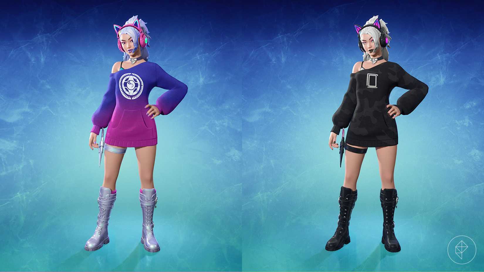 The Dasha Fortnite skin, a girl wearing an oversized sweater and cat ear headphones along with its alternate outfit.