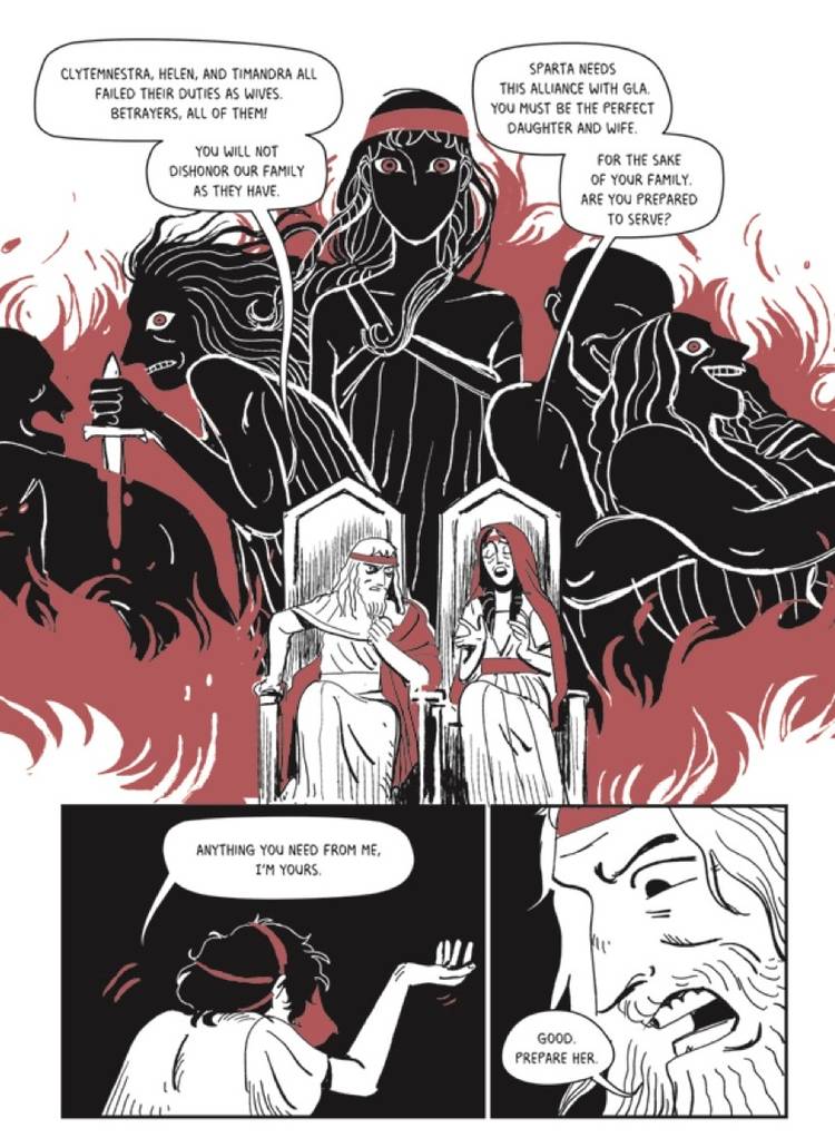 A page from Felicia Day's The Lost Daughter Of Sparta. A man and woman on a throne, with black, wild-eyed silhouettes of women looming over them, explain how their original three daughters betrayed their husbands. Below, a kneeling woman in a red veil says "Anything you need from me, I'm yours." In close-up, the man from the throne says "Good. Prepare her."