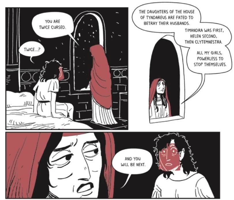 Three panels from Felicia Day's graphic novel The Lost Daughter of Sparta. All are in black and white with red spot colors: A woman in a red shawl explains the family curse to her daughter, who wears a red veil. "You are twice cursed." "Twice?" "The daughters of the house of Tyndareus are fated to betray their husbands. And you will be next."
