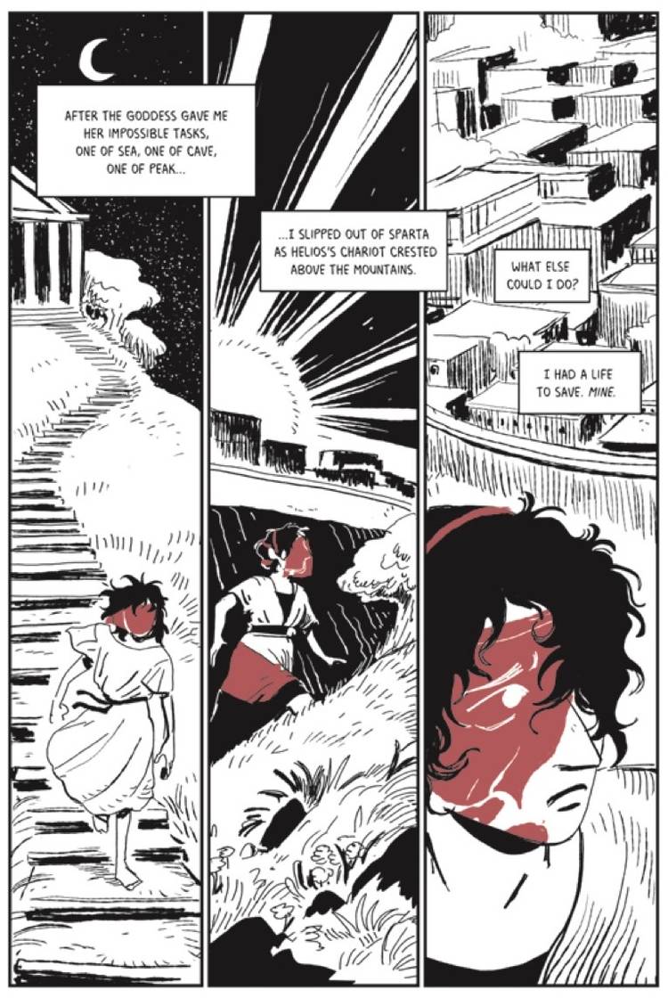Three vertical panels on a page in Felicia Day's The Lost Daughter of Sparta show a girl in a robe and red veil slipping out of her house in ancient Greece in the middle of the night, explaining that she's been given a quest by a god. "What else could I do? I had a life to save. Mine."