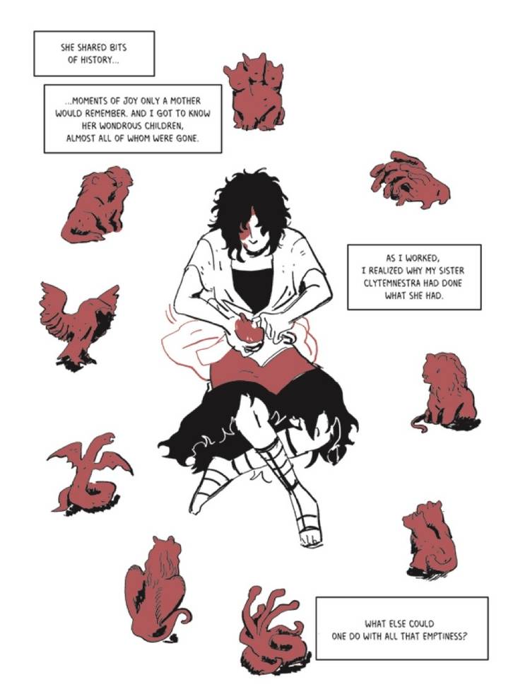 A ragged, dark-haired girl with a red birthmark on her face sits tinker-style and carves small red sculptures of monsters in a single-page panel from Felicia Day's graphic novel The Lost Daughter of Sparta