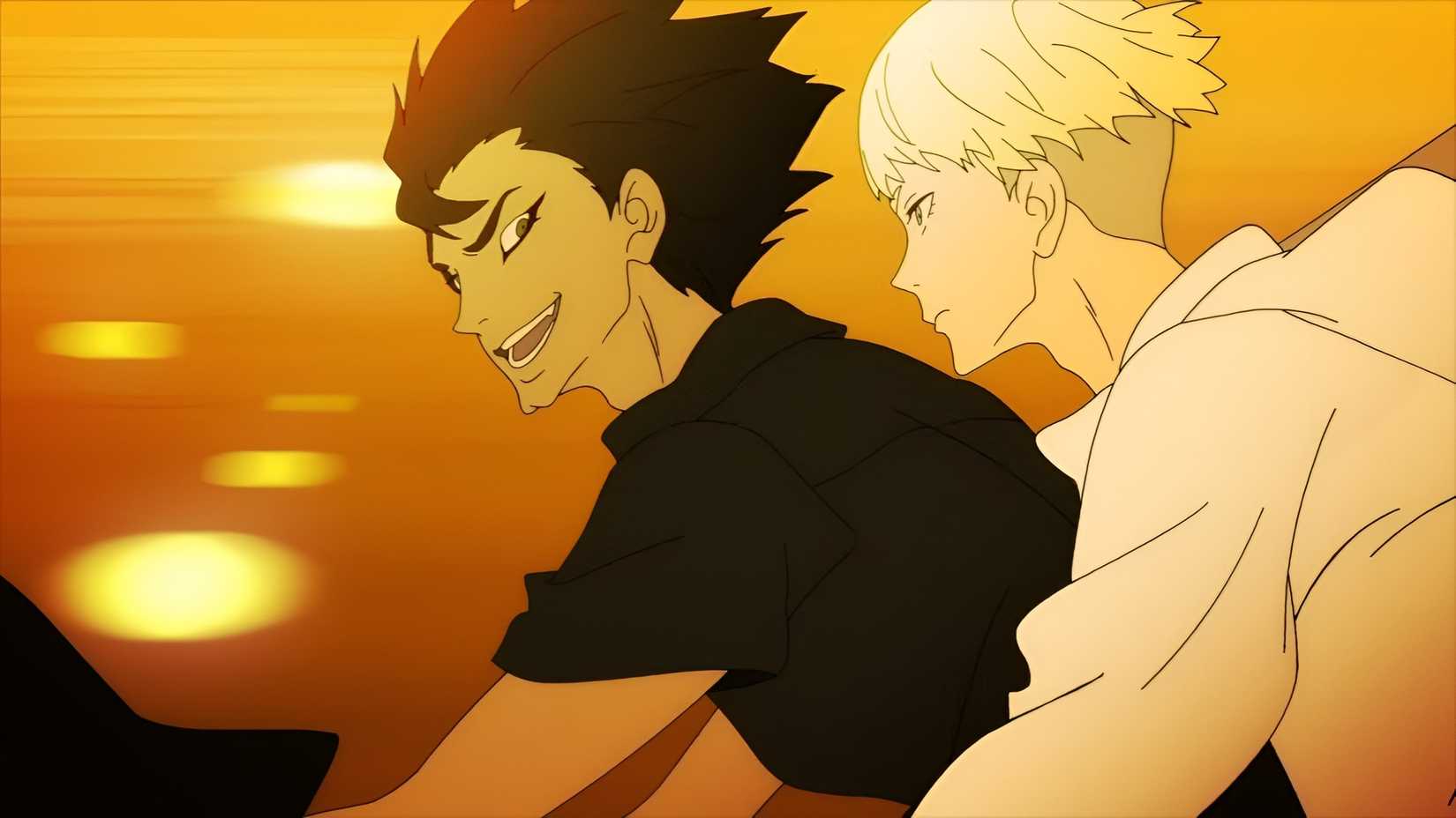 Cậu bé tóc đen lái xe chở chàng trai tóc vàng trong Devilman Crybaby