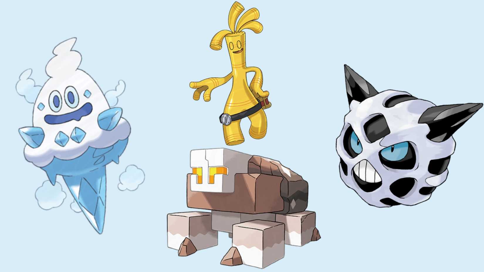 Vanillish, Naclstack, Gholdengo, and Glalie on a light blue background
