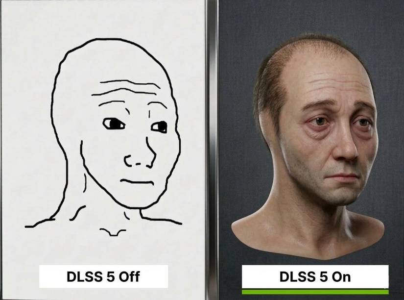 A crude meme drawing on the left is turned into a disturbing photorealistic image on the right with the captions 'DLSS5 off' and 'DLSS5 on'
