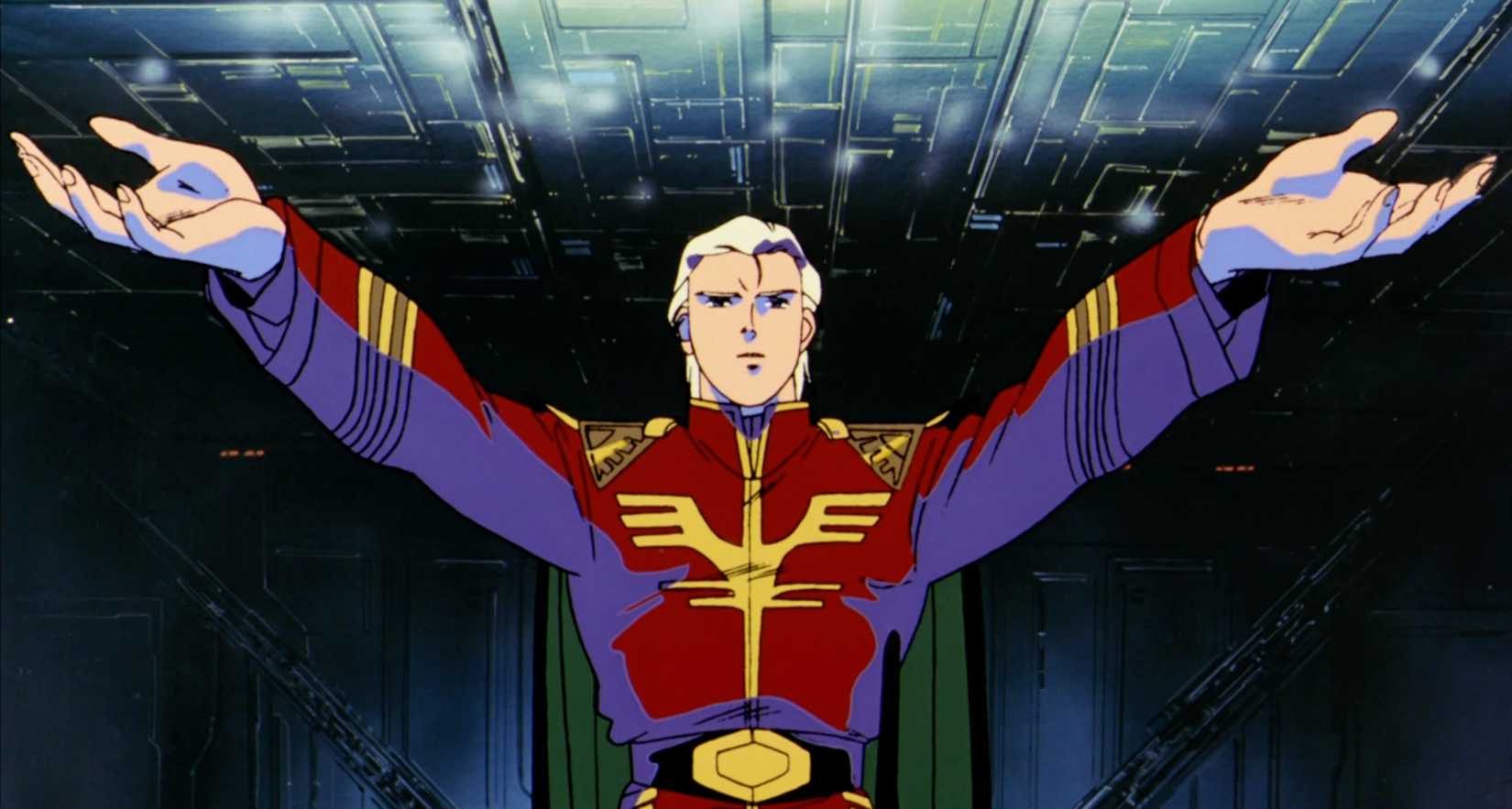 Char holds up both of his arm to appeal to his people in Char's Counterattack