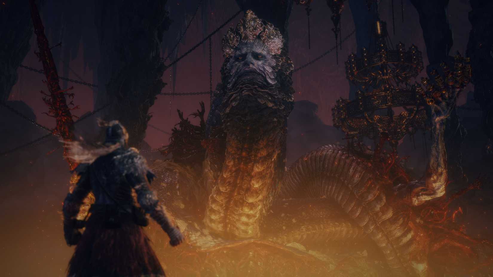 A tarnished looks at a giant snake monster in Elden Ring Tarnished Edition