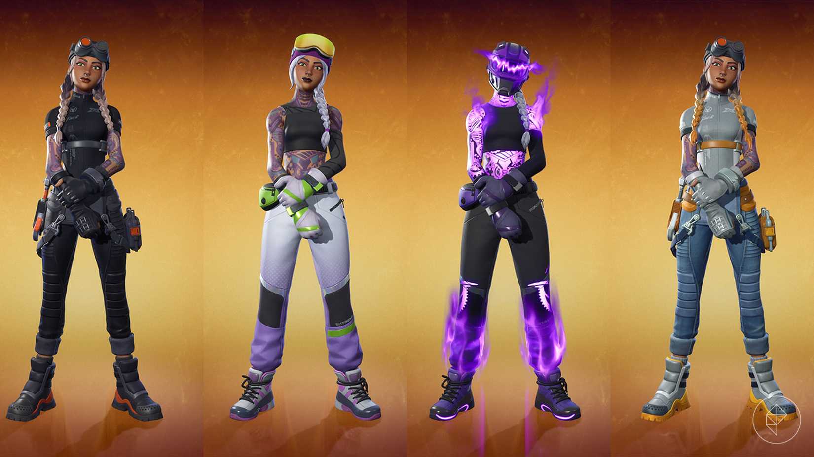 The Elite Jules skin set which depicts a woman with a braided pony tail wearing an all black outfit.