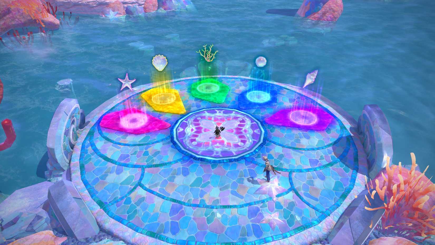 A Final Fantasy XIV screenshot showing a platform with some sea-themed icons