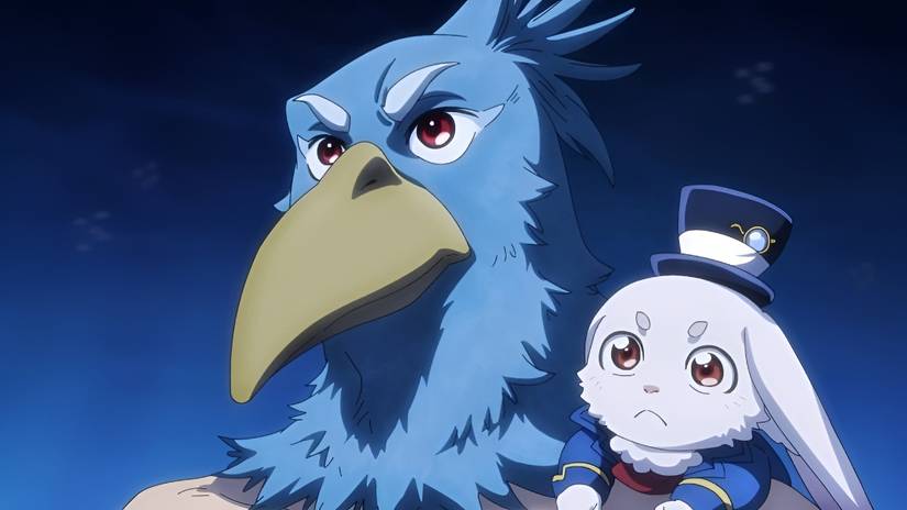 Sunraku looks ahead with a somber expression as the rabbit familiar Emul looks on in Shangri-La Frontier