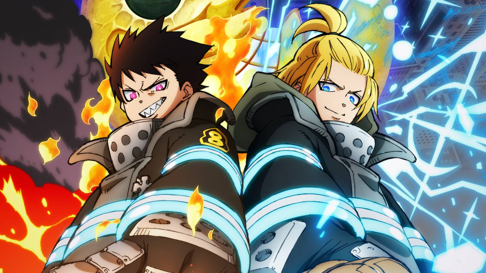 Shinra and Arthur stand side-by-side in a promotional visual for Fire Force Season 3