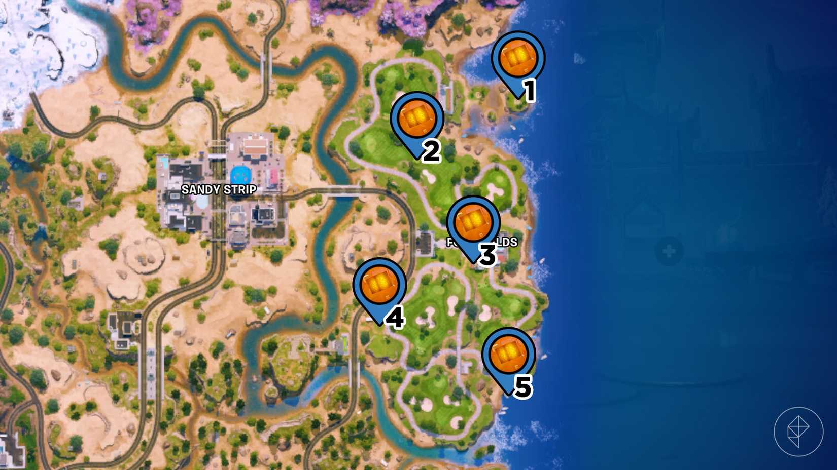 Fore Fields on the Fortnite map with pins marking the location of every chaos cube in the area.
