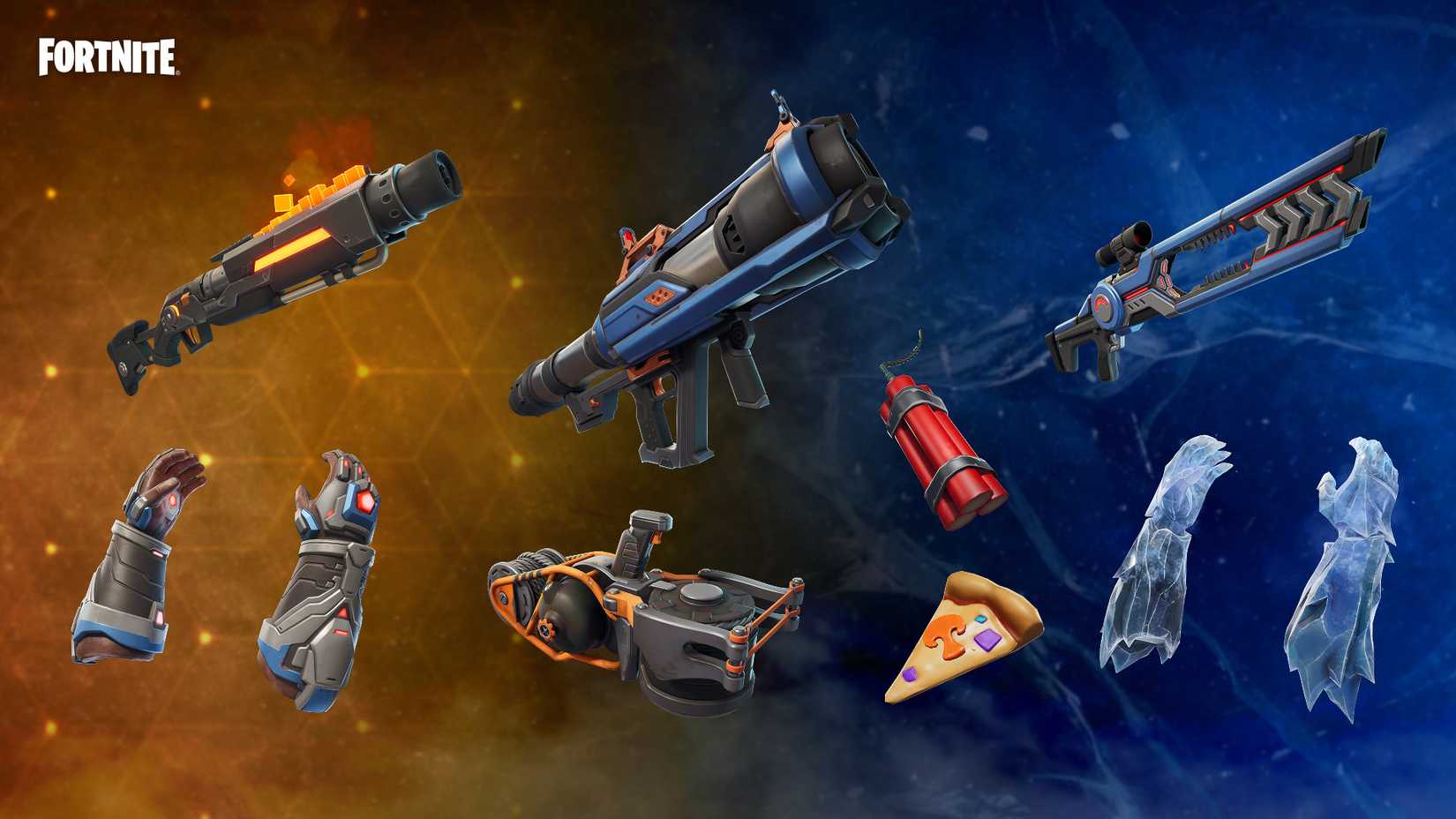New weapons added to Fortnite in Chapter 7 Season 2, with weapons like a futuristic rifle, a rocket launcher, a stick of dynamite, a slice of pizza, and two pairs of gloves.