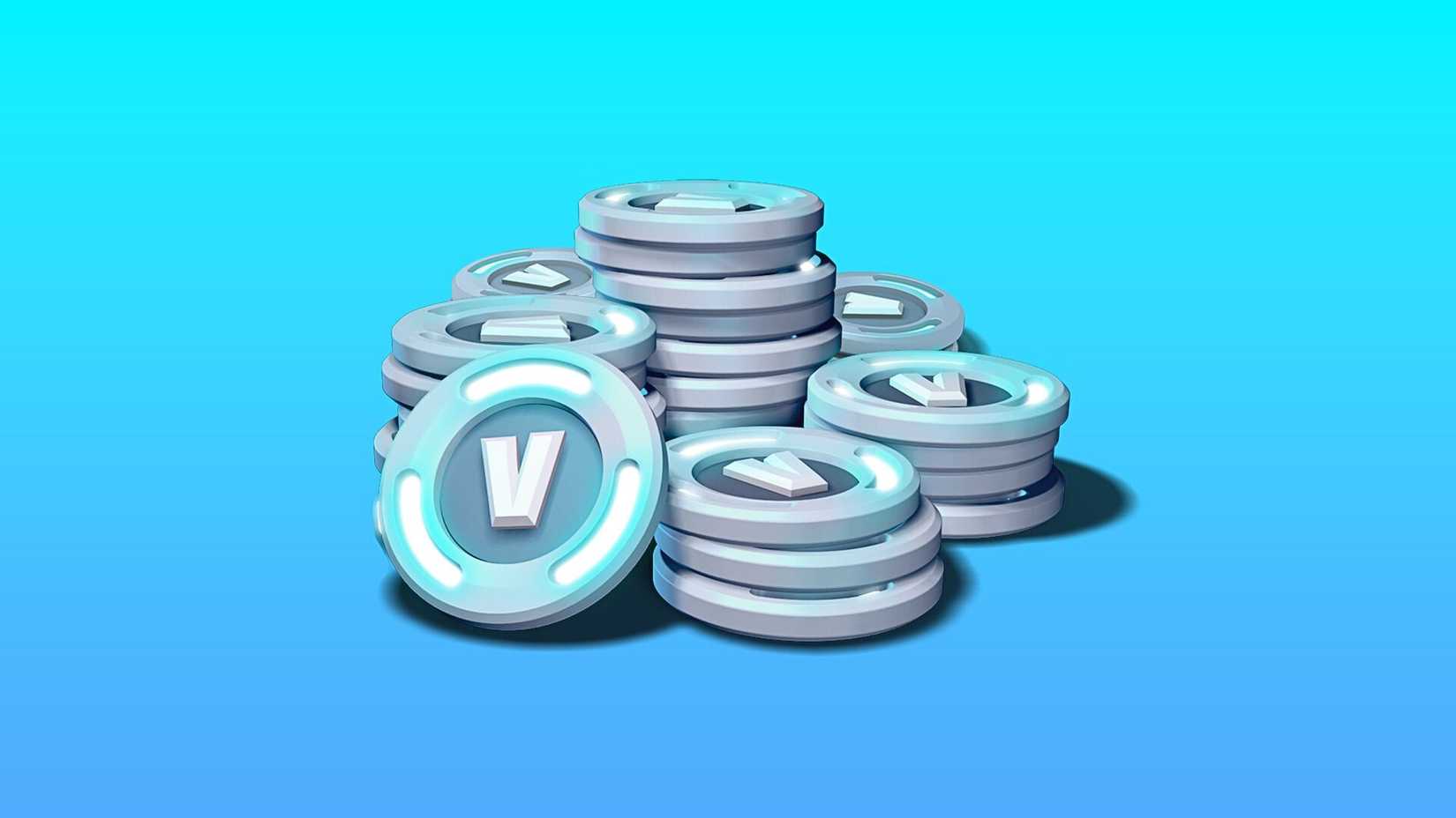 An image of a stack of silver V-Bucks with a blue background behind them.