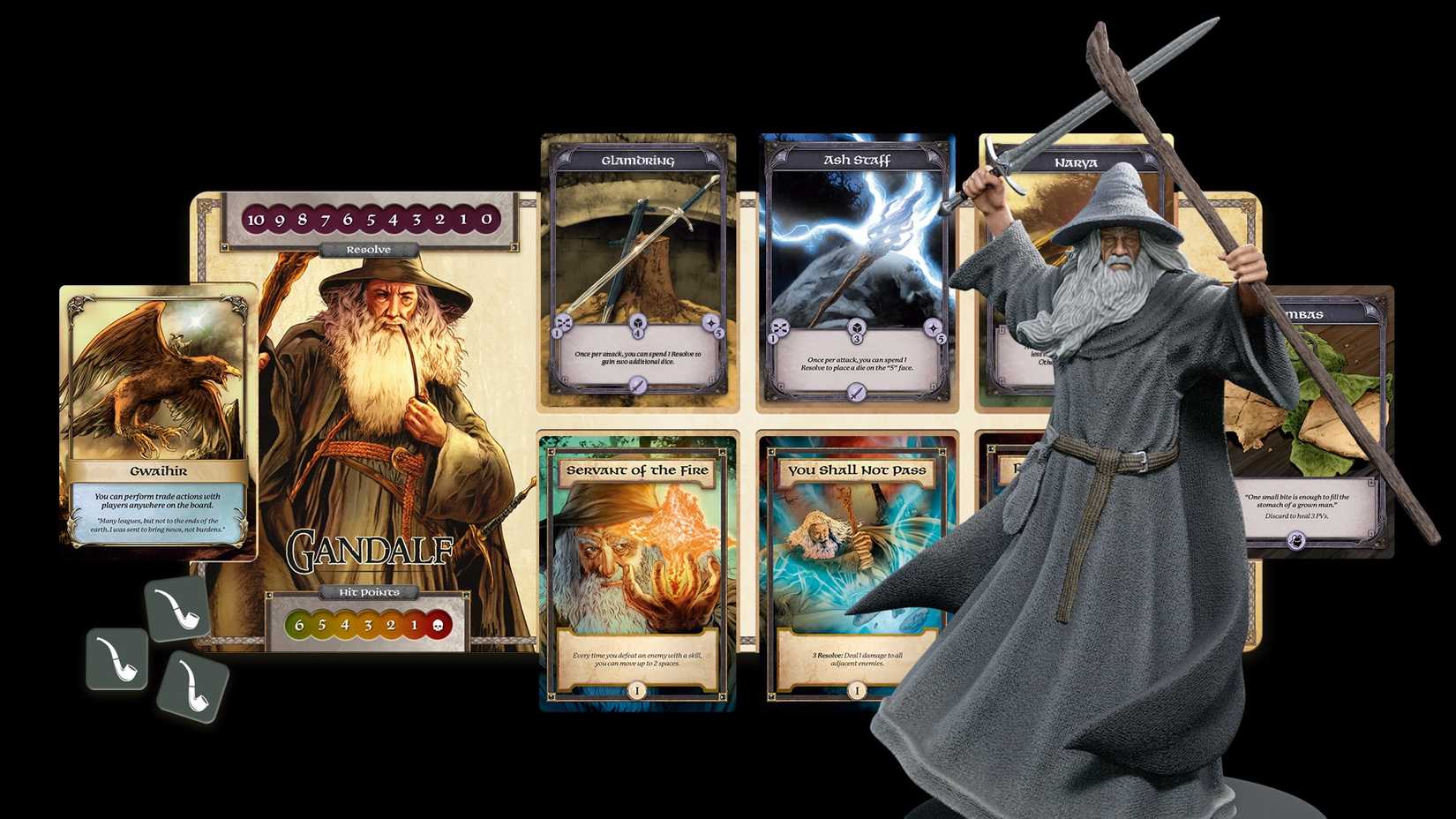 A Gandalf miniature positioned next to cards depicting the wizard in Foes of Middle-earth