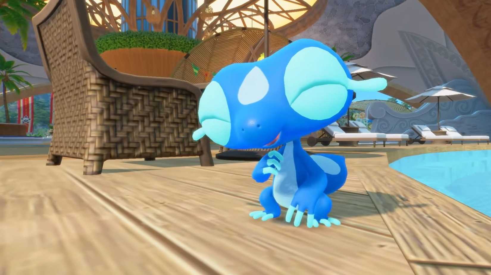 Pokemon Winds and Waves' Gecqua, the water-based starter, smiles with its eyes closed.