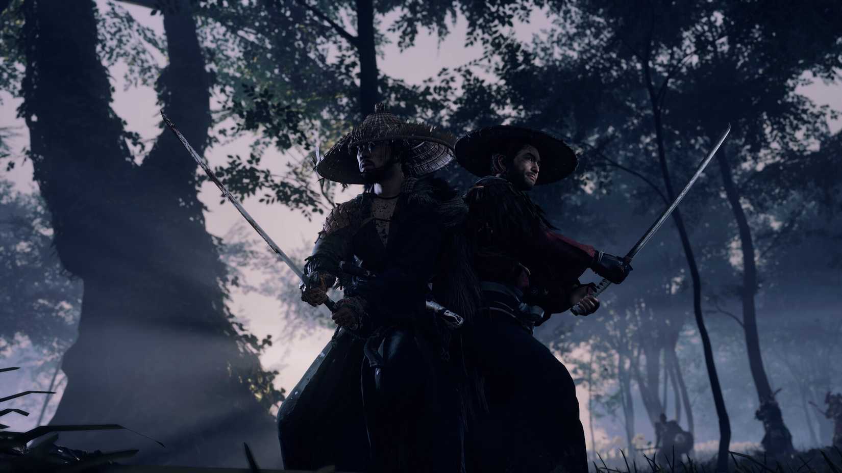 Two samurai stand back to back with swords out in Ghost of Tsushima
