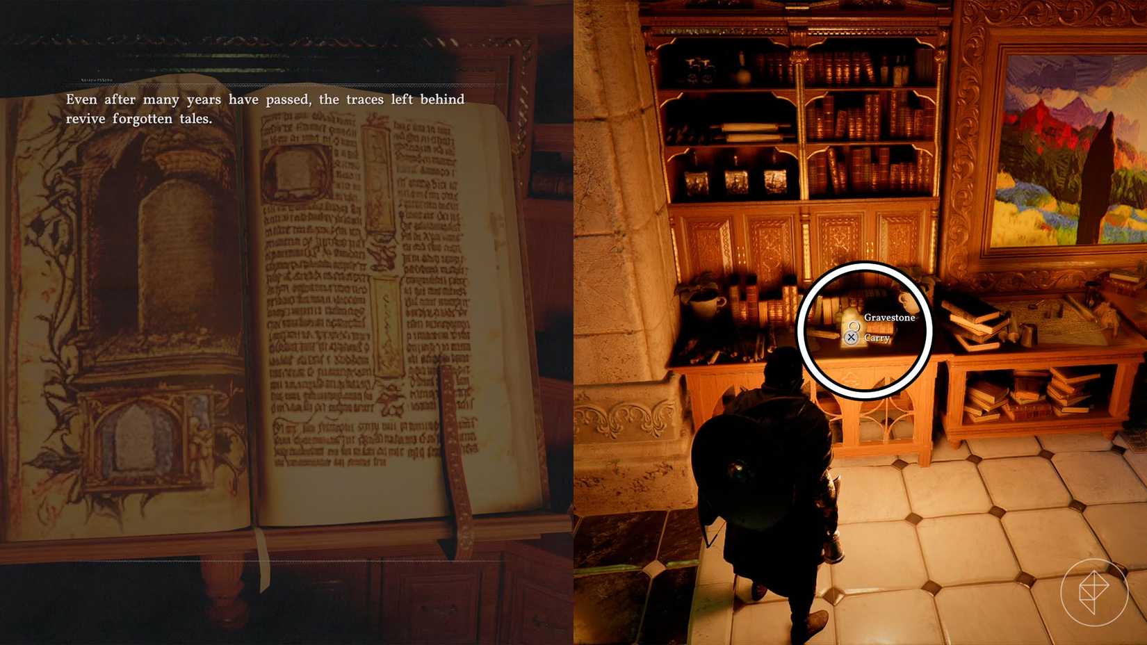 A large book with a riddle and an image of a gravestone, which is found on a desk nearby in Crimson Desert.