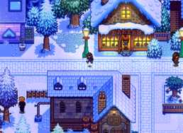 A screenshot of Haunted Chocolatier, showing a snow-covered town in the early evening. A bakery is open, and someone is walking into it, while other characters roam the streets. The art style is pixelated, just like Stardew Valley's.
