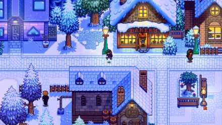 A screenshot of Haunted Chocolatier, showing a snow-covered town in the early evening. A bakery is open, and someone is walking into it, while other characters roam the streets. The art style is pixelated, just like Stardew Valley's.