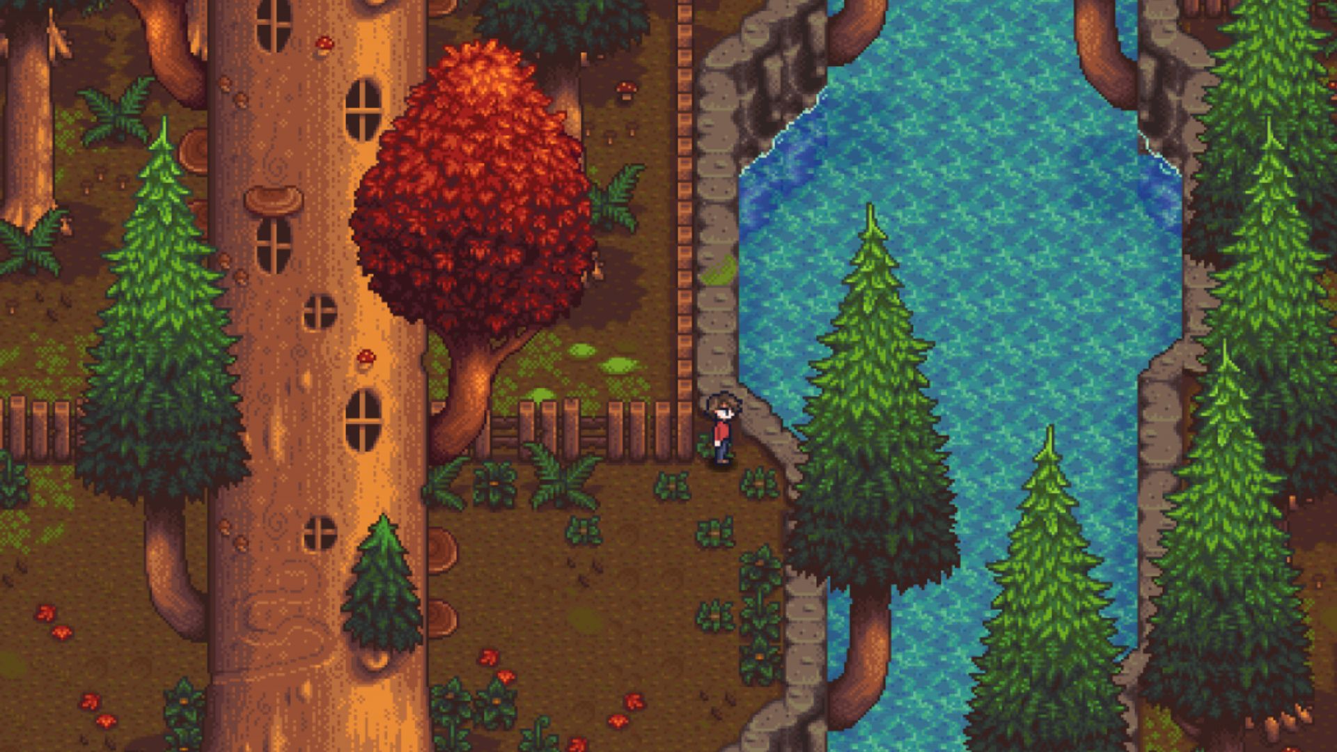 A shot of a male player-character with brown hair exploring a massive forest in Haunted Chocolatier.