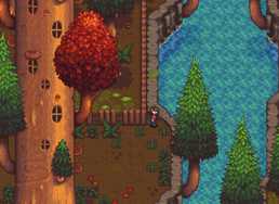 A shot of a male player-character with brown hair exploring a massive forest in Haunted Chocolatier.