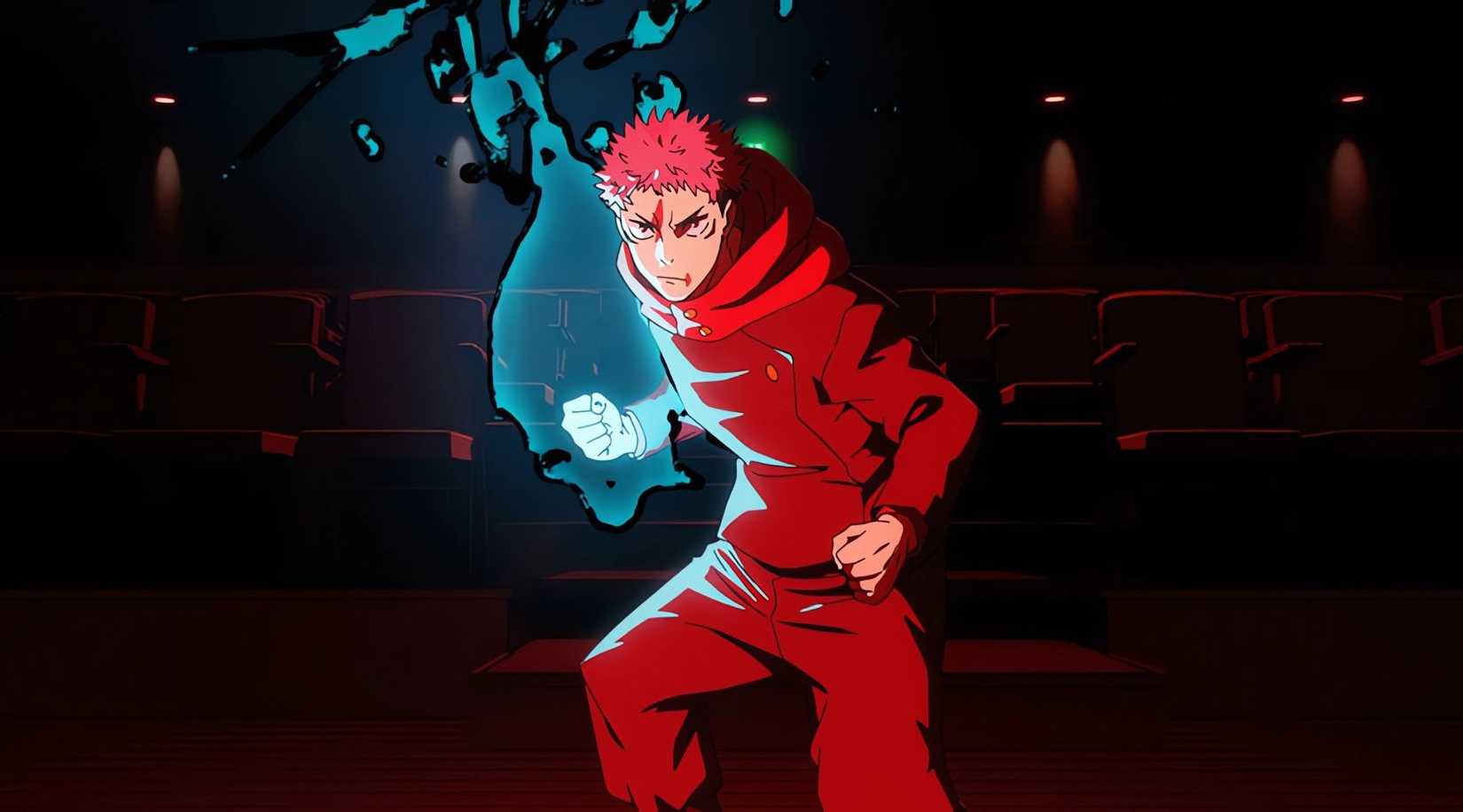 A young boy makes a fist that flares with blue cursed energy in Jujutsu Kaisen
