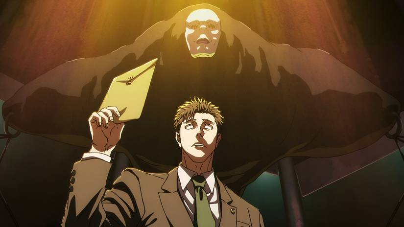 A man holds up an envelope while a shikigami looms over his head in Jujutsu Kaisen
